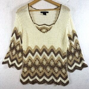 Womens Silk Blend Open Knit Crochet Sweater Top Sz M Boho Chevron‎ Short Sleeve